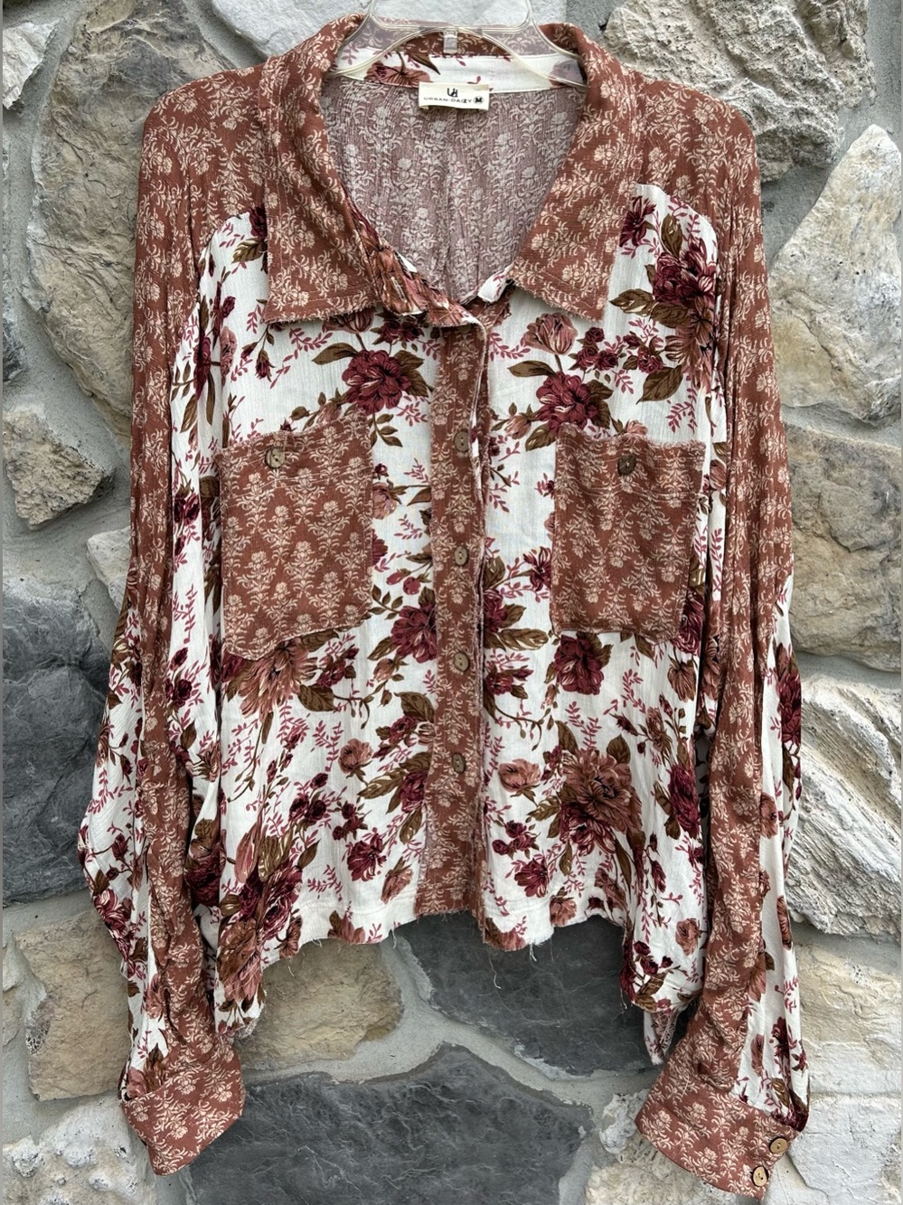 Urban Daizy Oversized Boho Top Size M Floral Patchwork Flowy Raw Hem Shabby Chic
